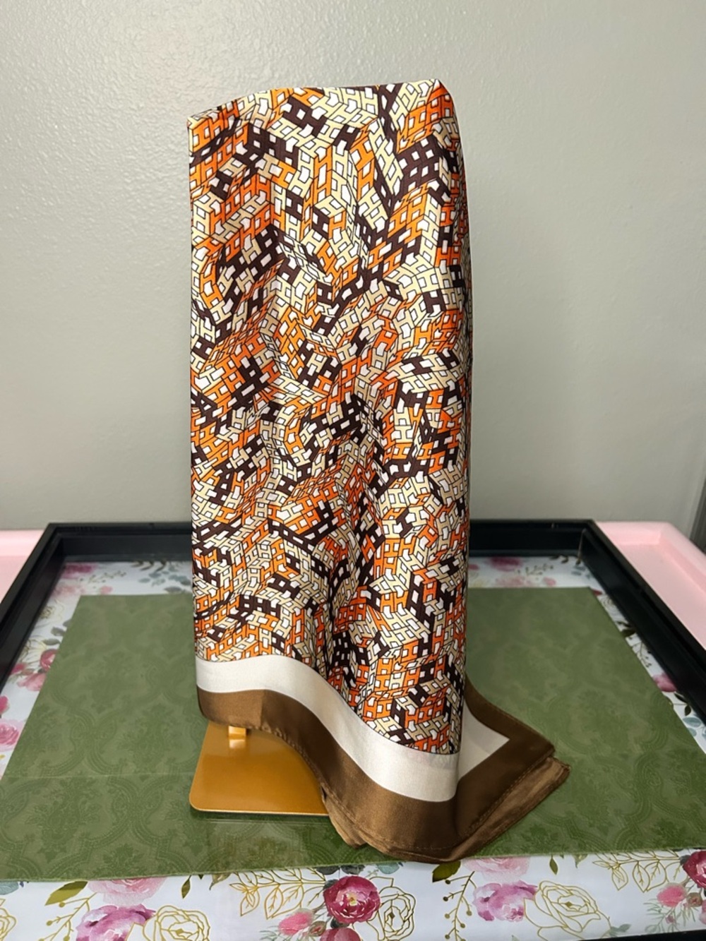 Geometric Print Silk Scarf in Gold, Brown & Cream - Picture 4 of 4